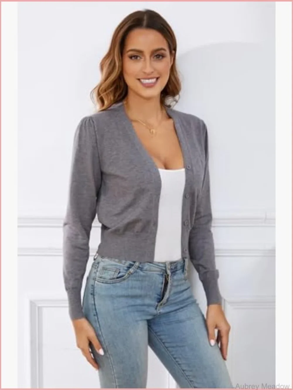 Women's Cropped V-Neck Button Down Cardigan Long Sleeve Knit Sweater